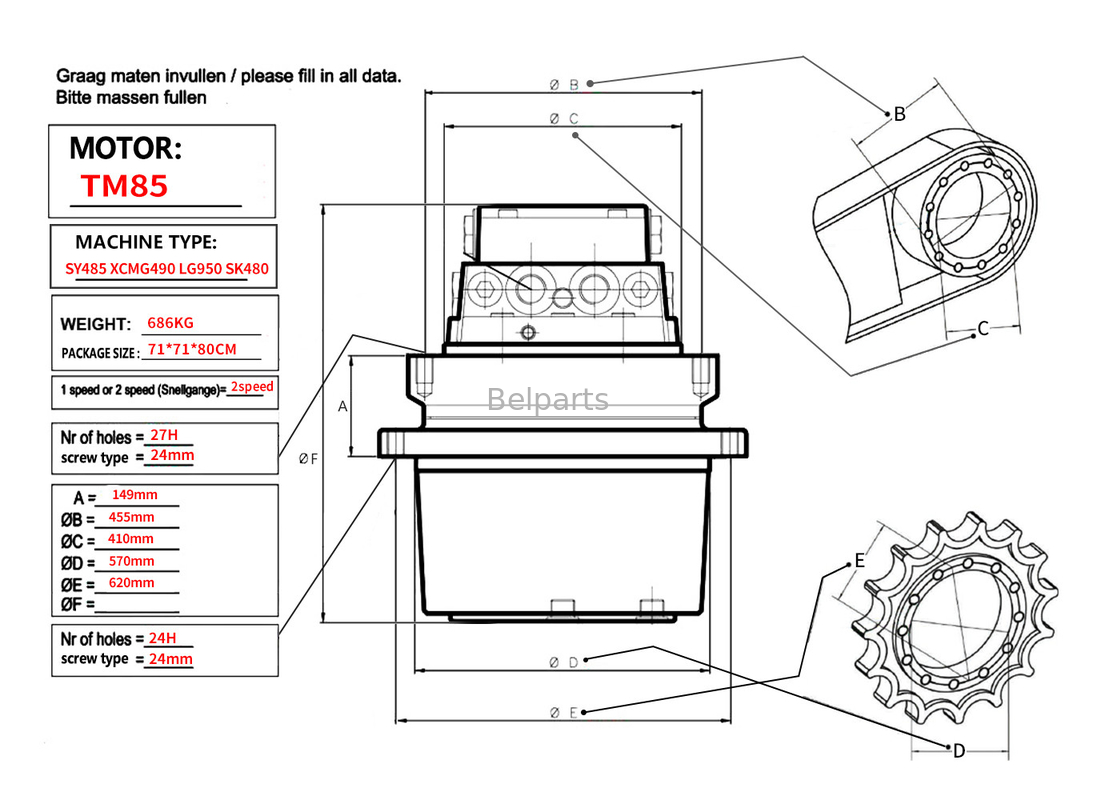 Belparts Excavator Travel Motor assy TM85 SY485 XCM490 LG950 SK480 Final Drive Assy cho kobelco sany