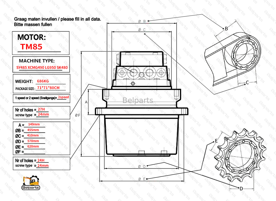 Belparts Excavator Travel Motor assy TM85 SY485 XCM490 LG950 SK480 Final Drive Assy cho kobelco sany