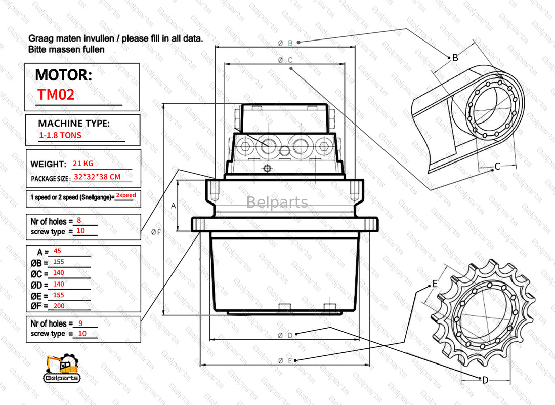 Belparts Excavator Parts Kubota KX61-3 CX27 IHI 20NX2 U20 U25 U25.3 U25.3 Động cơ cuối cùng