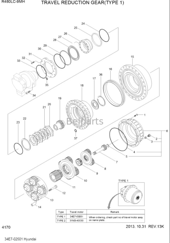 Máy đào R480LC-9 hộp số giảm tốc 34E7-02500 hộp số cho máy đào Hyundai