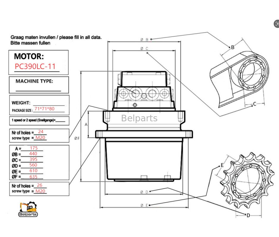 Động cơ cuối cùng cho PC390LC-11 PC490LC-11 PC390-11 PC490-11 Bộ phận phụ tùng máy đào Komatsu 208-27-00500 Động cơ du lịch với bộ phận hộp số