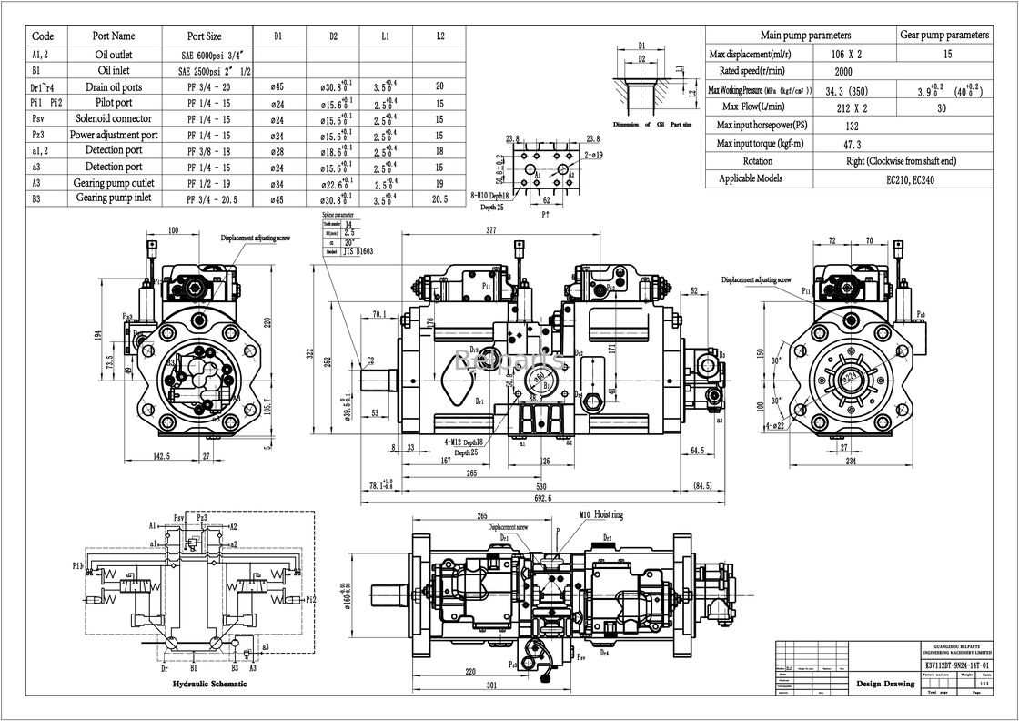 Máy bơm thủy lực cho VOLVOo EC210 EC210B EC240 EC240B Bộ phận máy đào SA 1142-00012 SA 8230-14650 SA 1142-00531 Kawasaki K3V112DT-9N24-14T Máy bơm piston OEM